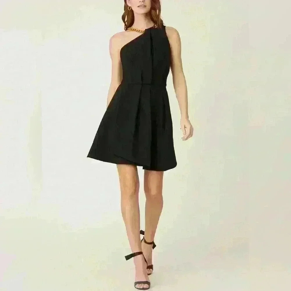 Shoshanna Black One-Shoulder Pleated A-Line Dress